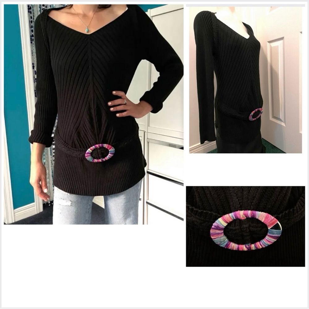 Long black rib-knitted sweater w/integrated belt & its  multicoloured buckle - Picture 13 of 13